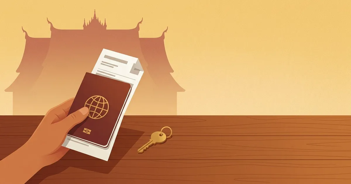 AI-generated illustration: a hand holding a passport with a folded booking confirmation, a hotel key on a wooden desk and a Lao temple roof in the background