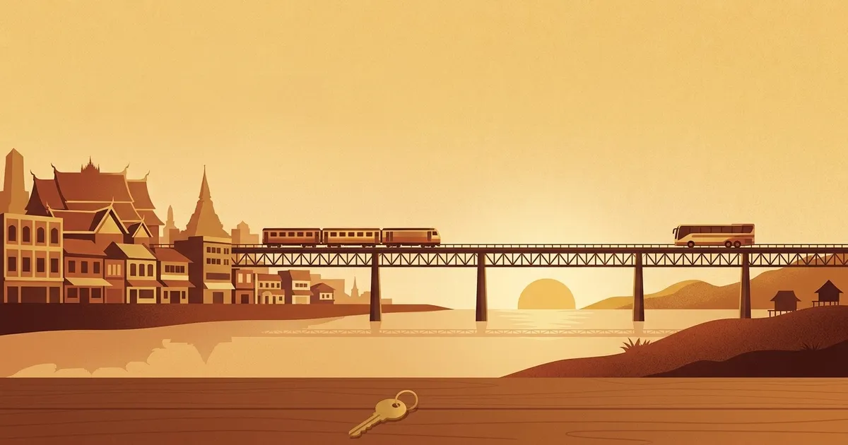 AI-generated illustration: a train and a coach crossing a river bridge at sunset, with Thai temple roofs and shophouses on the near bank and a Lao village on the far bank