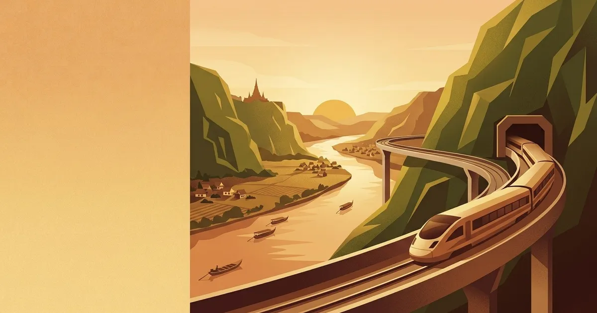 AI-generated illustration: a high-speed train leaving a tunnel on a viaduct above a river valley with green hills and a distant temple