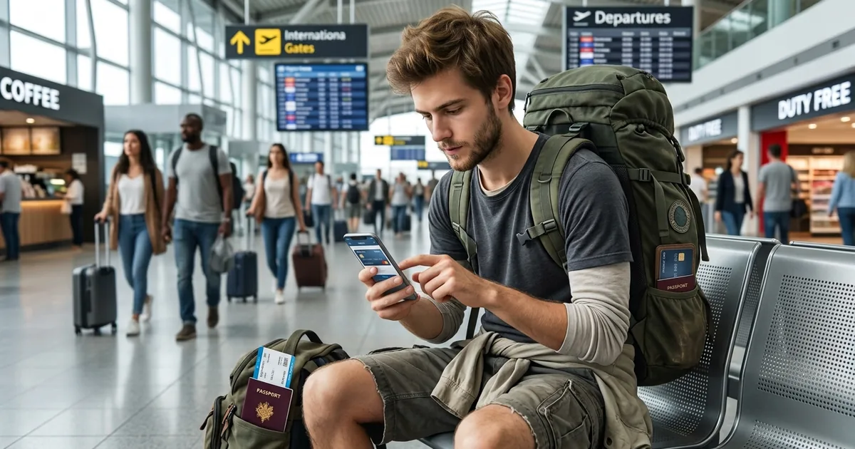Voyageur vérifiant un code QR eSIM sur son téléphone avant d'arriver au Laos