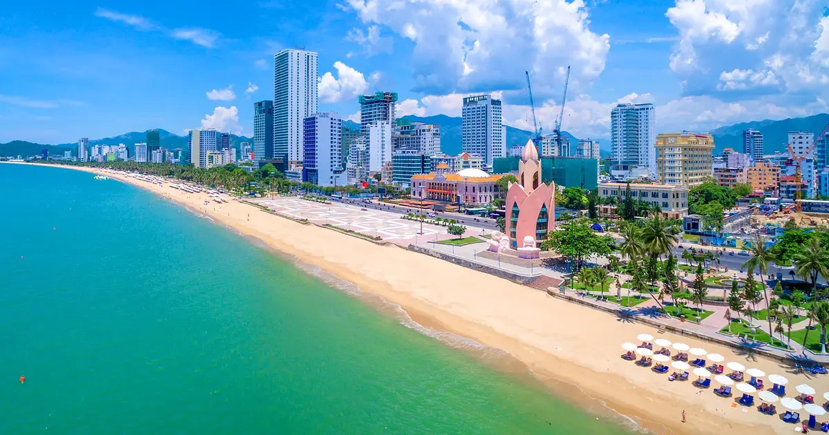 Aerial view of Nha Trang's beachfront and city skyline along the bay, Vietnam
