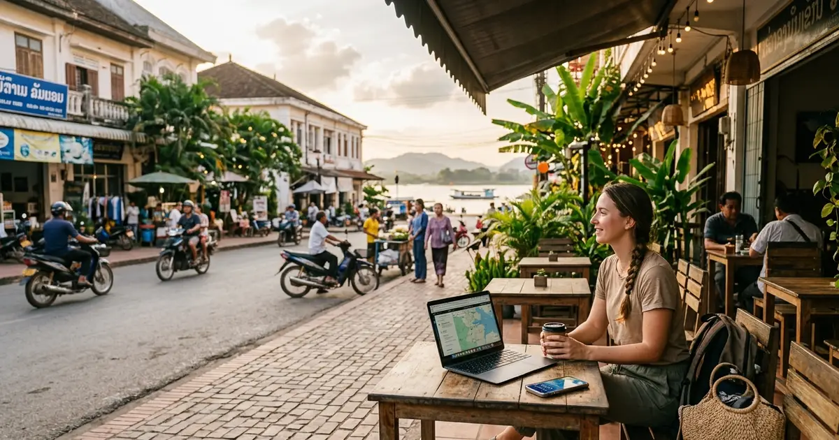 Riverside street in Pakse, Champasak Province, southern Laos, with cafes and guesthouses along the Sedone River
