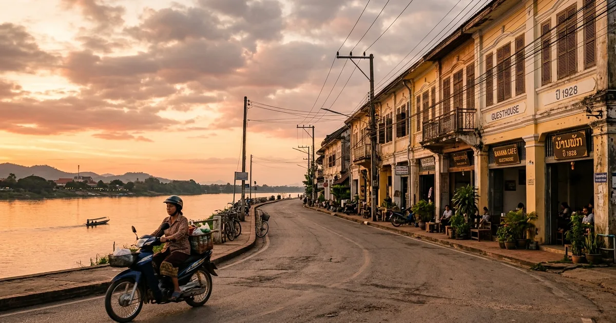 Street view of Savannakhet town on the Mekong river, southern Laos, with colonial-era shophouses